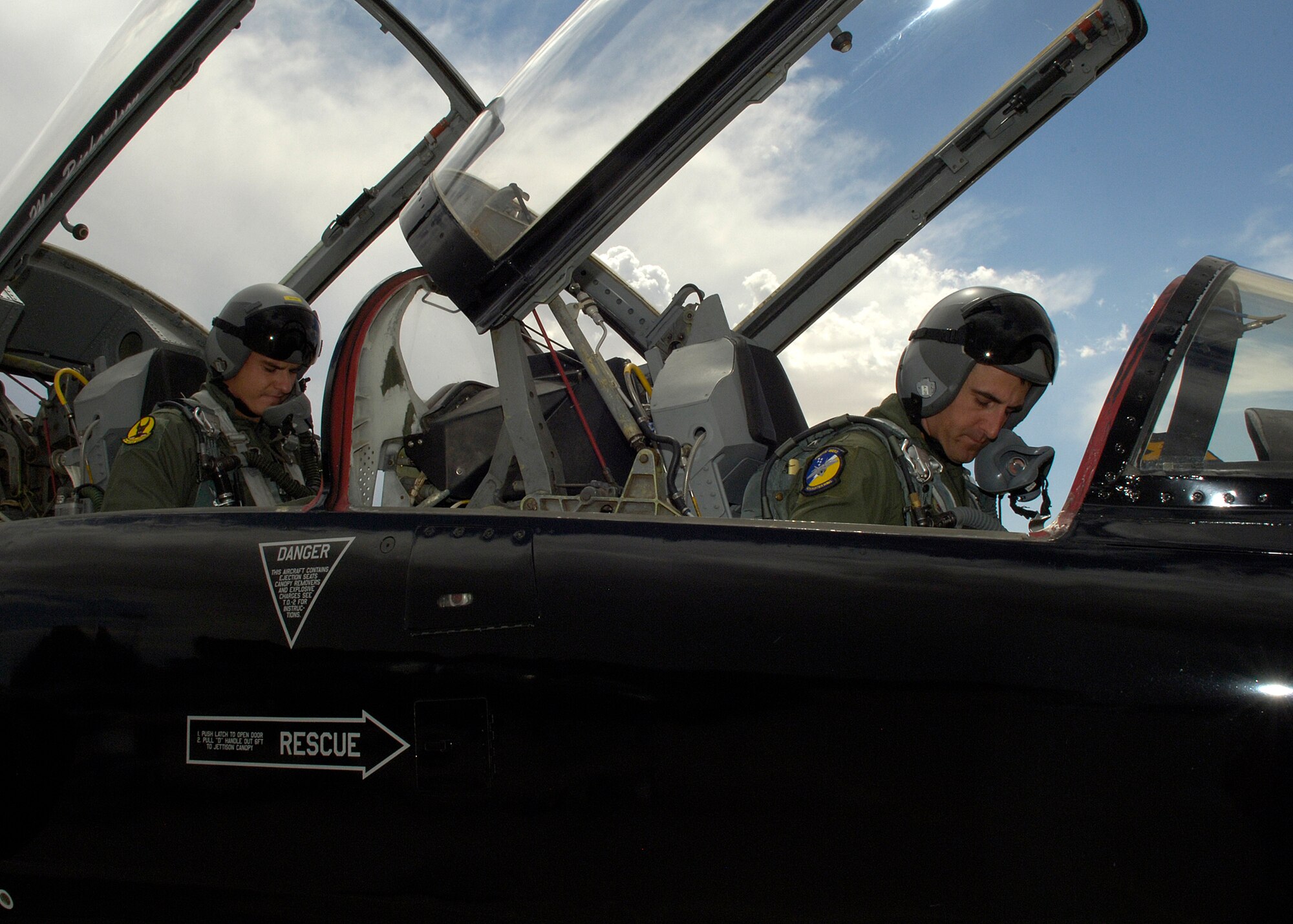 U.S. Air Force Academy Cadet Zach Mattee and Maj. Bret Carter, 49th Fighter Wing Chief of F-22 Advanced Programs office, prepare to taxi before an incentive flight at Holloman Air Force Base, N.M., June 25. Cadets visited Holloman as part of the Operations Air Force program to shadow officers and enlisted members. (U.S. Air Force photo/Airman 1st Class Michael Means)