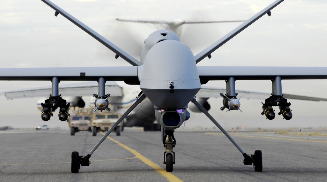 An armed MQ-9 Reaper unmanned aerial vehicle taxis down a runway in Afghanistan. (U.S. Air Force photo/Staff Sgt. Brian Ferguson)