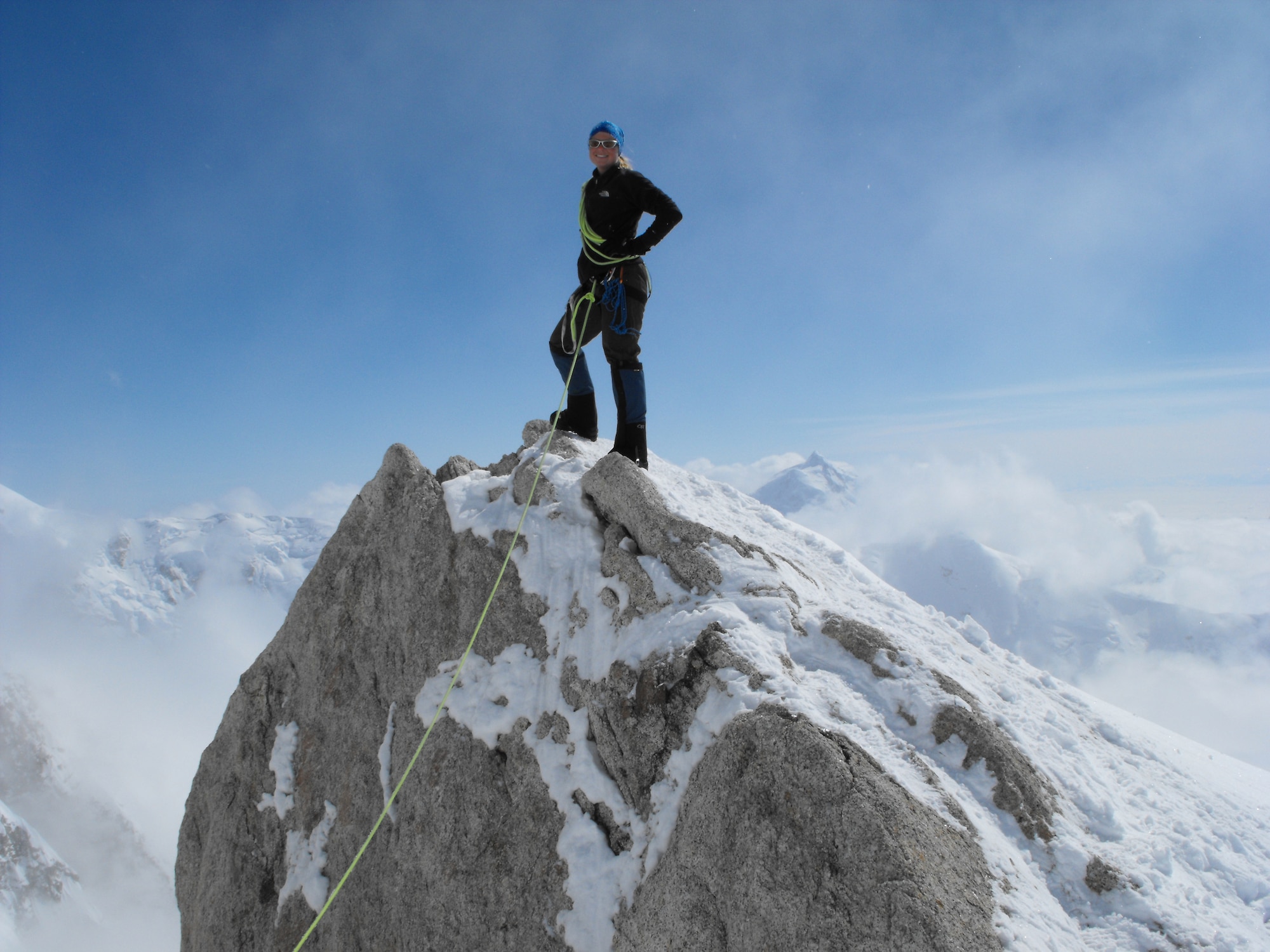 Capt. Erin VanOosten, 40th Airlift Squadron tactics officer and C-130 pilot, takes a breather as nears the summit of Mount McKinley, Alaska. The Michigan native joined five other Airmen to climb 20,320 feet to the summit in 14 days. (U.S. Air Force photo)