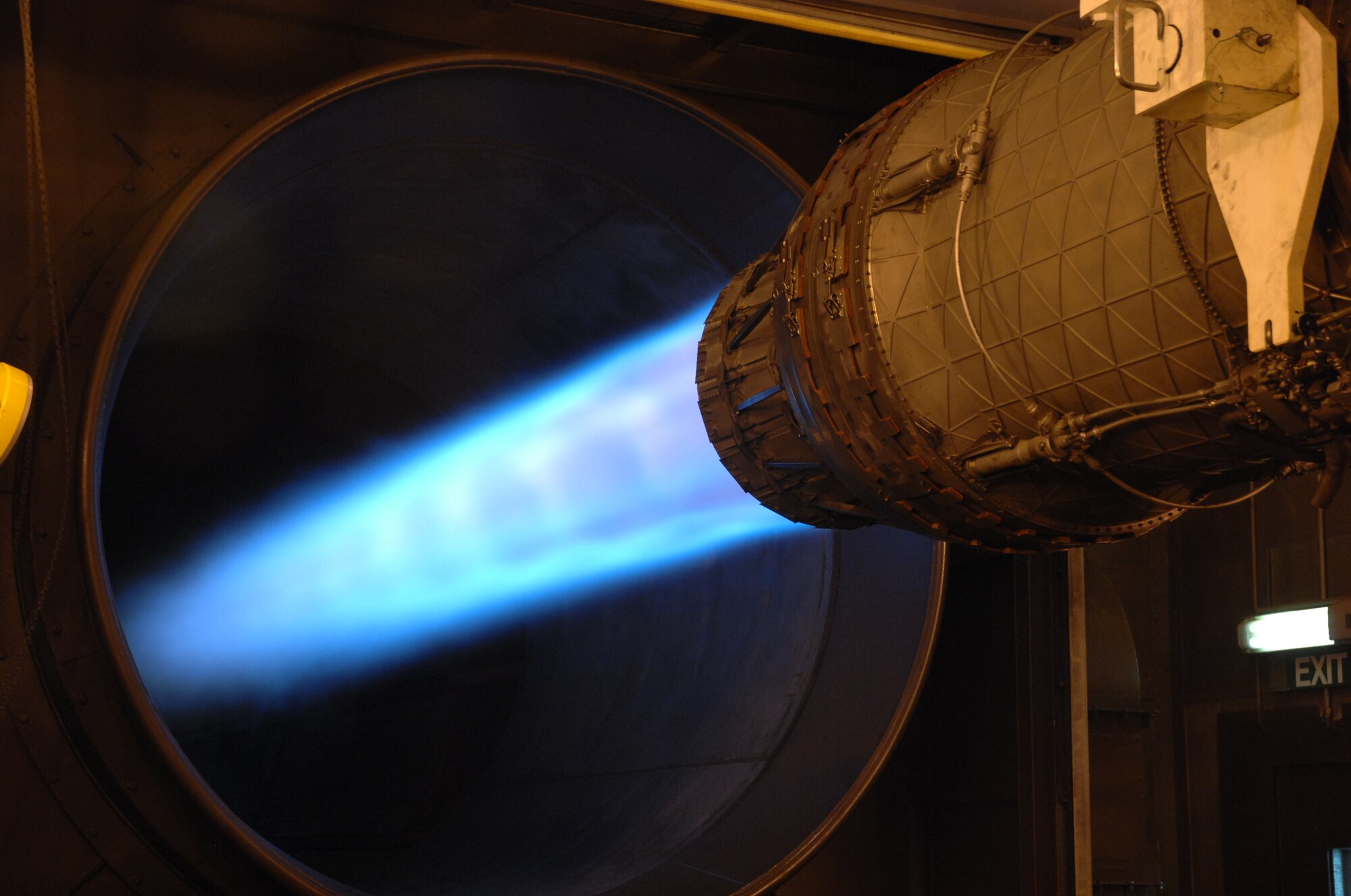 An F-15 engine fires at full power during a test run in the 48th Component Maintenance Squadron’s test cell. The Airmen assigned to the test cell are charged with ensuring the base’s jet engines are flight worthy. (U.S. Air Force Photo by Master Sgt. Edward Bard)