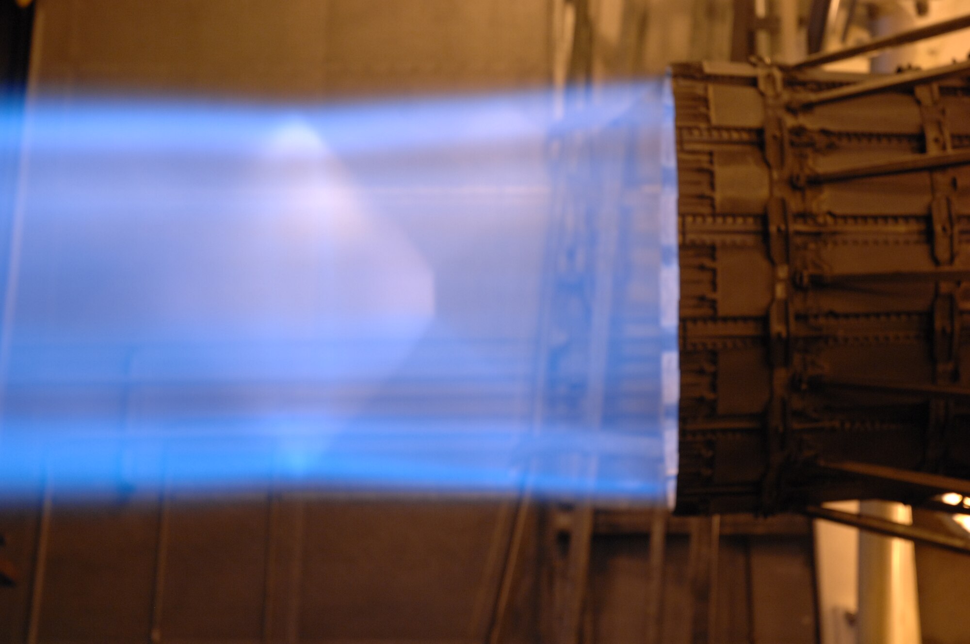An F-15 engine fires at full power during a test run in the 48th Component Maintenance Squadron’s test cell. The Airmen assigned to the test cell are charged with ensuring the base’s jet engines are flight worthy. (U.S. Air Force Photo by Master Sgt. Edward Bard)