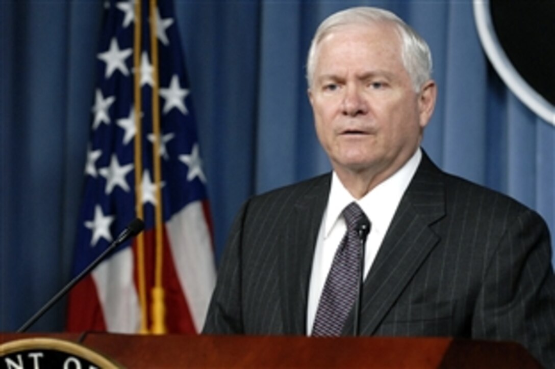Defense Secretary Robert M. Gates announces the rebid of a multibillion-dollar tanker contract during a press briefing in the Pentagon, July 9, 2008.  