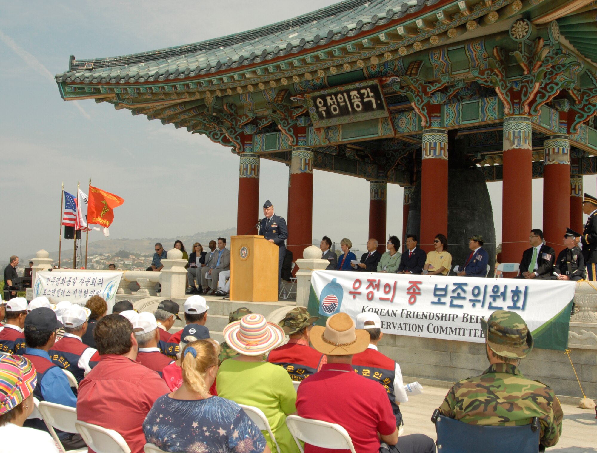 Col. Roger Teague, Space Based Infrared Systems Wing commander, addresses the San Pedro community during the 4th of July ceremony at the Korean Friendship Bell in San Pedro. (Photo by John Ryan)