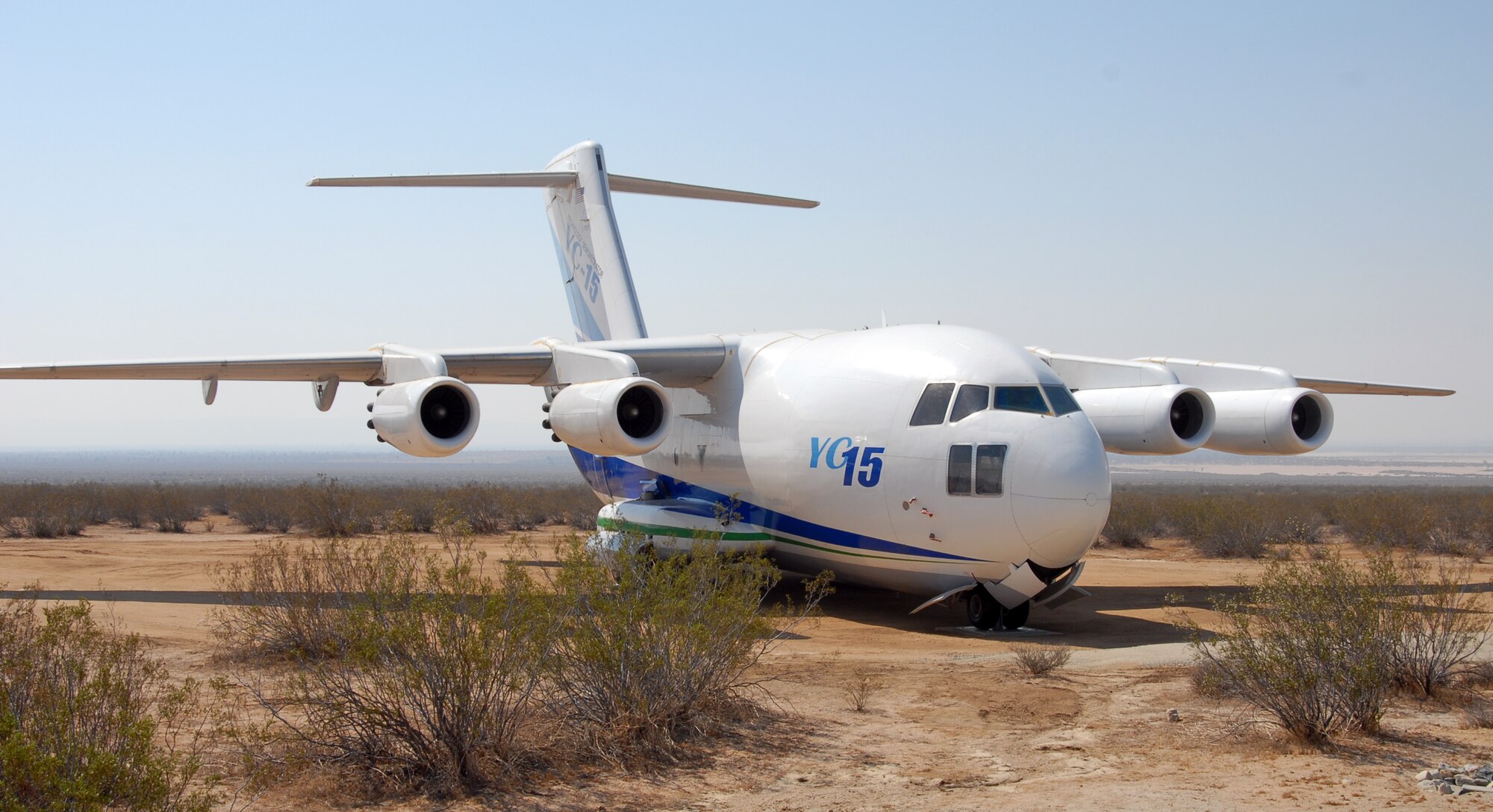 The YC-15 was welcomed to the Century Circle display at the West Gate on Rosamond Boulevard during a dedication ceremony July 8. The YC-15 will be an addition to six Century Series aircraft already on display. (Air Force photo by Senior Airman Stacy Sanchez) 
