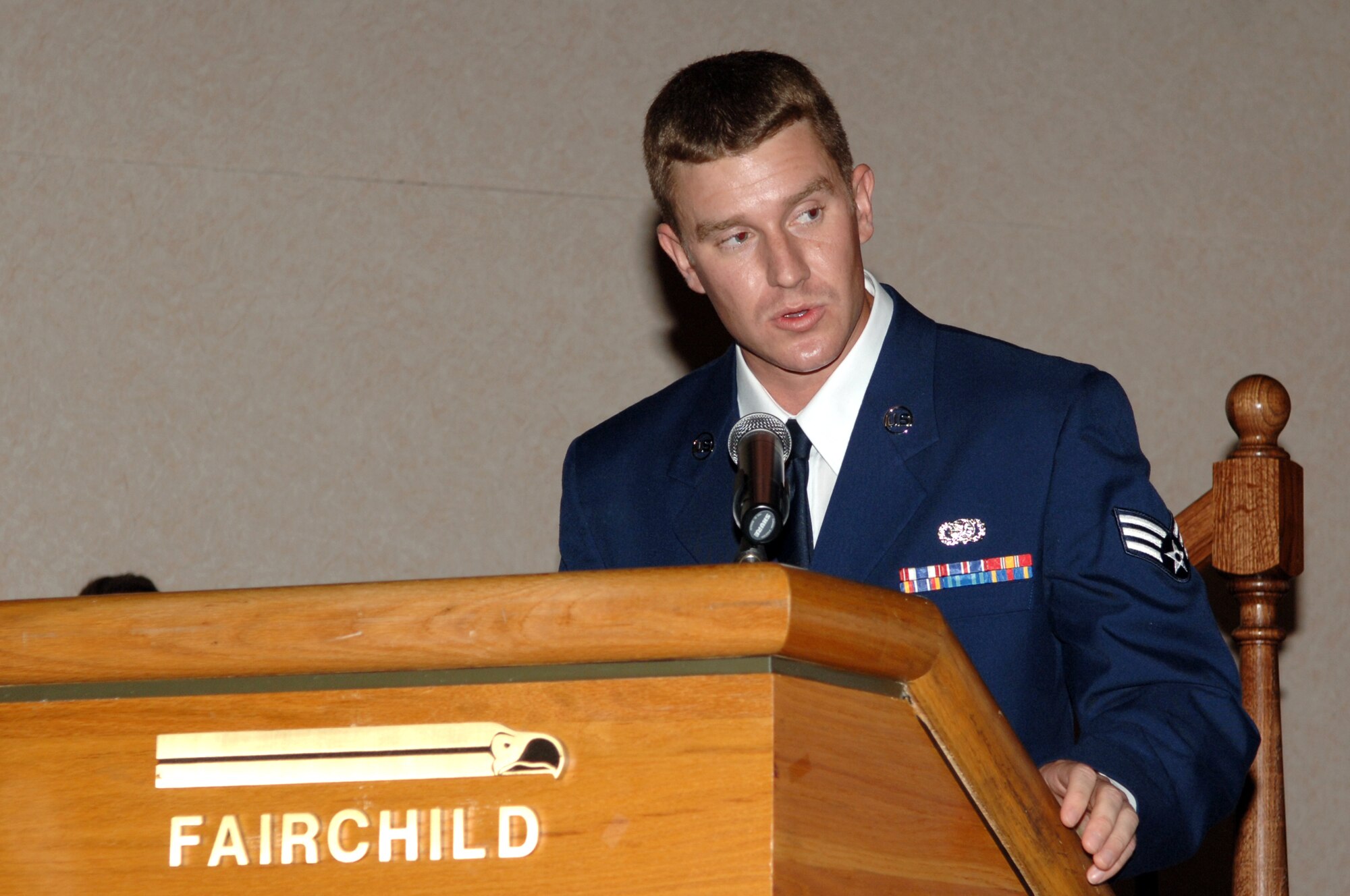 FAIRCHILD AIR FORCE BASE, Wash. – Senior Airman Matthew Parham, 92nd Logistics Readiness Squadron, speaks during an Airman Leadership School graduation July 3 after receiving the John L. Levitow Award. The prestigious Levitow award is the highest Professional Military Education award given in enlisted PME classes, indicating excellence in academics, leadership and peer standing. (U.S. Air Force photo / Senior Airman Jocelyn A. Ford)
