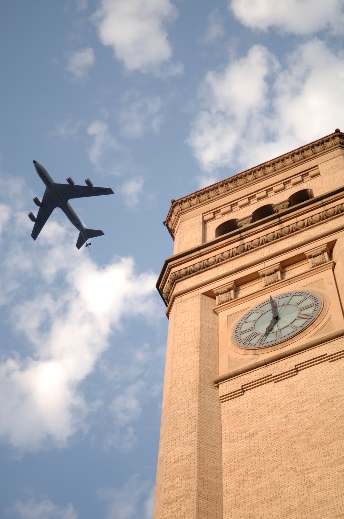 SPOKANE, Wash. - A KC-135 from the 92nd Air Refueling Wing at Fairchild Air Force Base, Wash., flies over the clock tower at Riverfront Park here, kicking off Spokane’s 4th of July festivities. (U.S. Air Force photo/SSgt Chad Watkins)