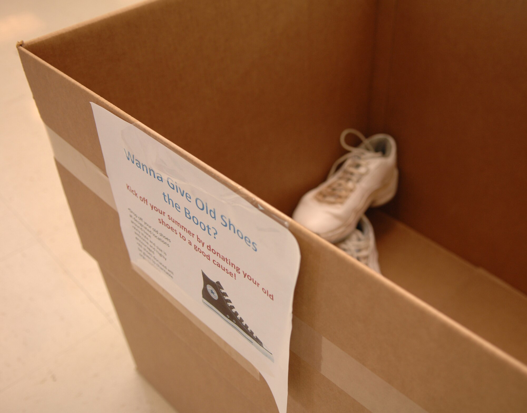 The collection points for the base shoe drive which will last until July 24 are located at the Base Exchange, the base chapel and the Military Personnel Flight at Holloman Air Force Base, N.M. The goal is to collect more than 2,000 pounds of shoes so shipping to areas of Africa and Afghanistan will be free.