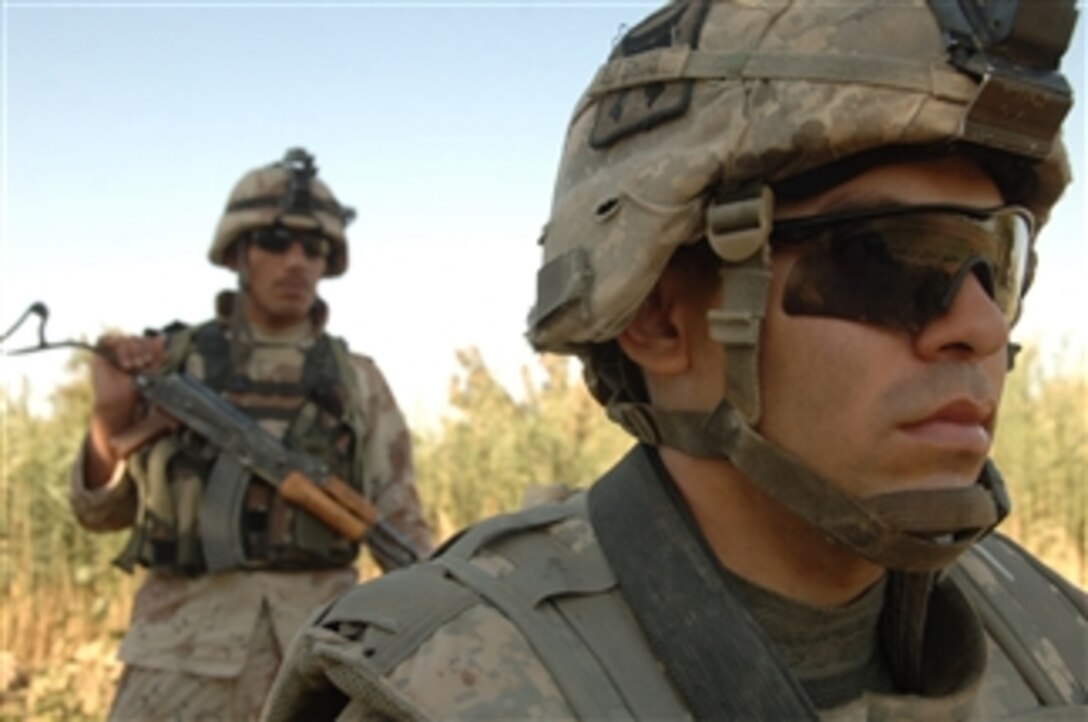 U.S. Army Spc. Jose Rojas (right) and an Iraqi soldier provide security for other soldiers in his platoon during an air assault mission conducted by the 3rd Battalion, 187 Infantry Regiment, 101st Airborne Division in Mahmudiyah, Iraq, on July 3, 2008.  