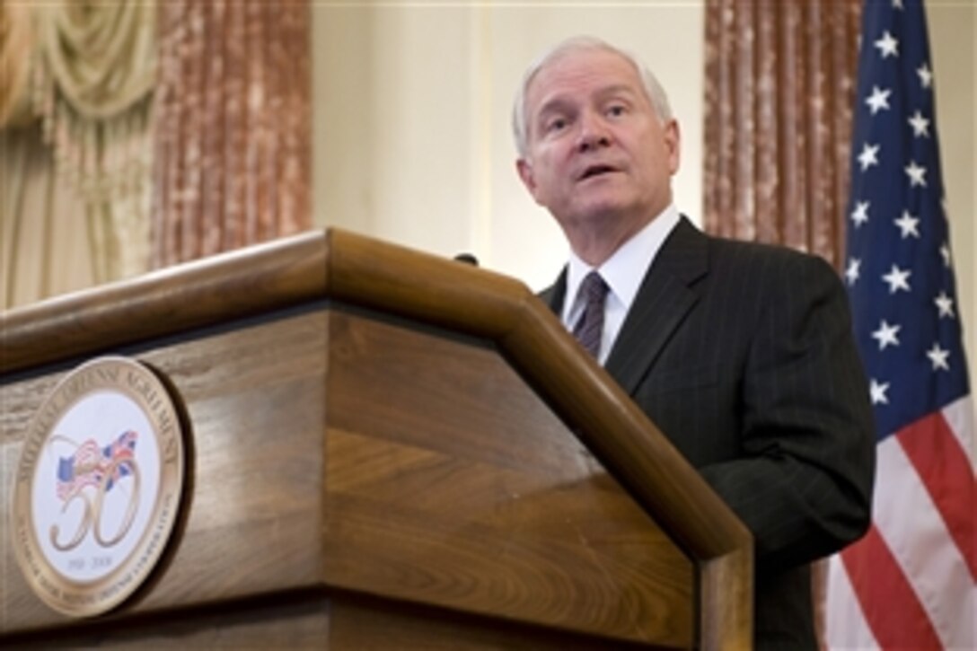 Defense Secretary Robert M. Gates addresses the audience during a reception commemorating the 50th anniversary of the Mutual Defense Agreement between the United States and the United Kingdom at the State Department, Washington, D.C., July 9, 2008.  