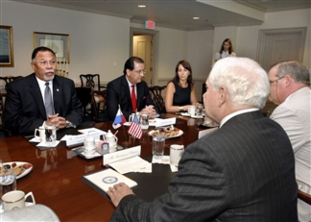 Panamanian Minister of Government and Justice Daniel Delgado Diamante (left) meets with Secretary of Defense Robert M. Gates (2nd from right) in the Pentagon on July 9, 2008.  Discussions included a number of hemispheric security issues of mutual interest to both nations.  Seated beside Delgado is the Director of the Panamanian National Maritime Service Licenciado Rodrigo Cigarruista.  