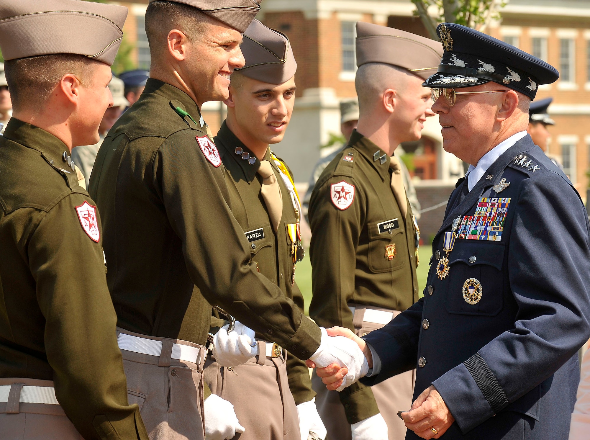 Air Force Chief of Staff Gen. T. Michael Moseley thanks cadets from his alma mater, Texas A&M University, who paid tribute to him during his retirement ceremony July 11 at Bolling Air Force Base, D.C. (U.S. Air Force photo/Scott M. Ash)