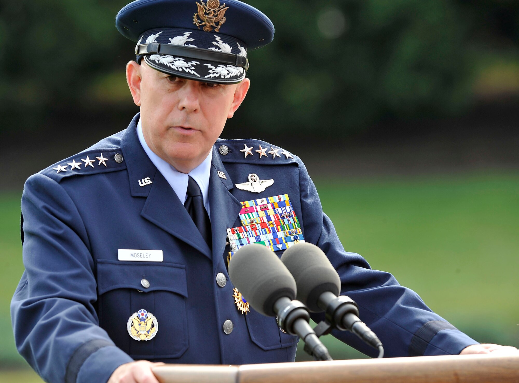 Air Force Chief of Staff Gen. T. Michael Moseley addresses the audience July 11 during his retirement ceremony at Bolling Air Force Base, D.C. (U.S. Air Force photo/Scott M. Ash)