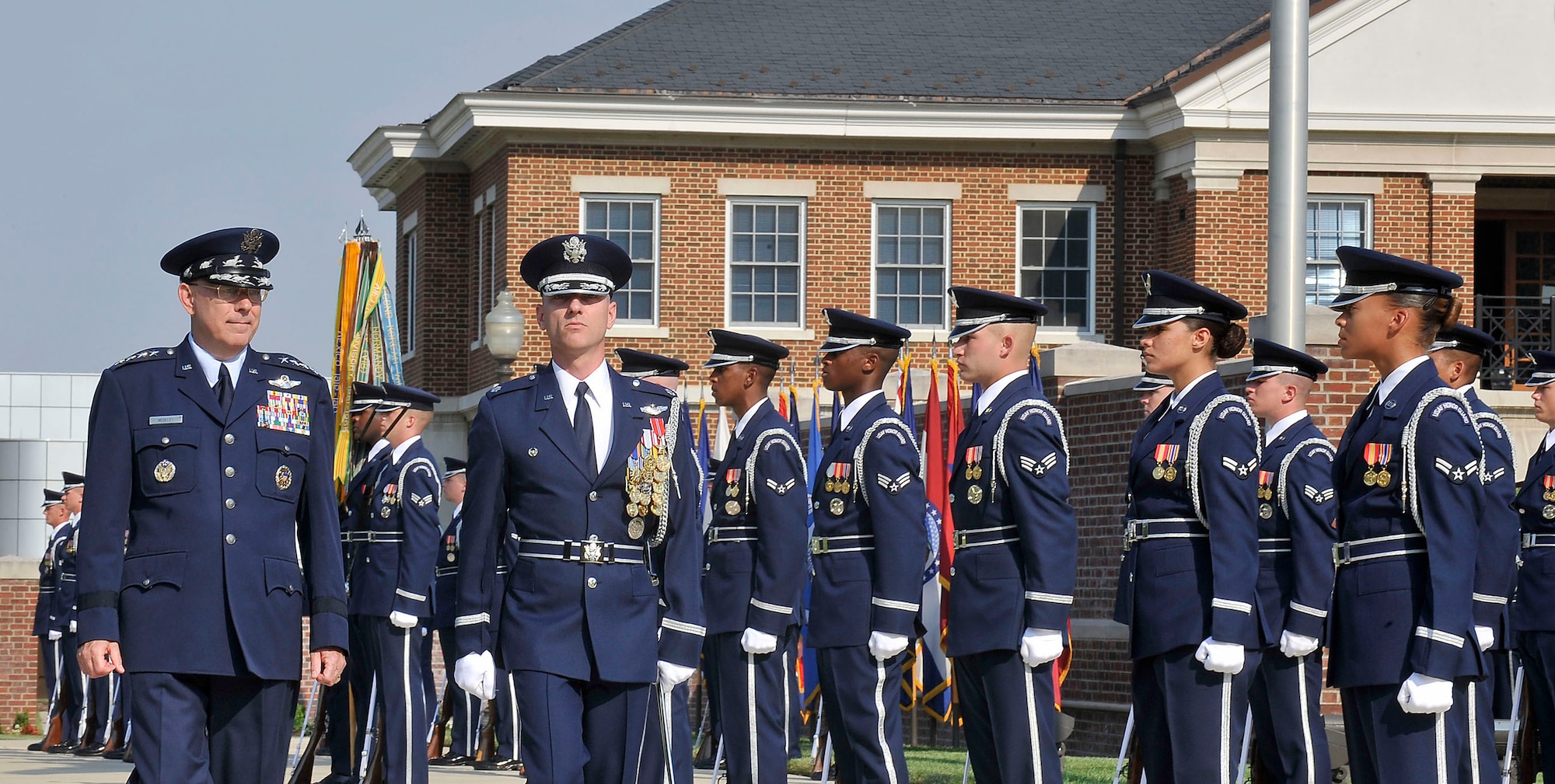 Gen. T. Michael Moseley reviews the troops with Lt. Col. Anthony Taylor, commander of the United States Honor Guard, during the former's retirement ceremony on Bolling Air Force Base, D.C., July 11. General Moseley is the 18th Chief of Staff. (U.S. Air Force photo/Scott M. Ash)