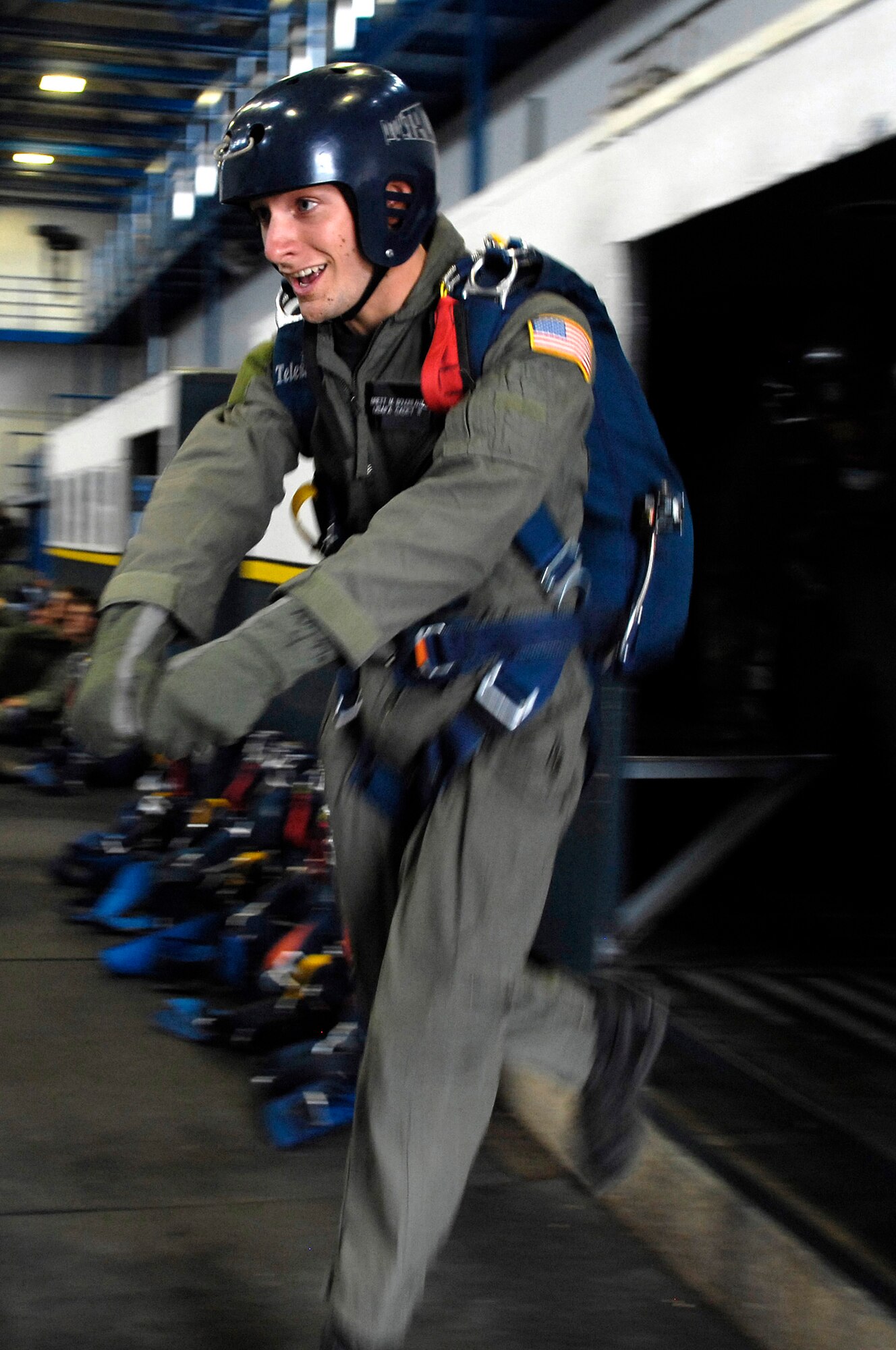 U.S. Air Force Academy Cadet 3rd Class Brett Boudreaux clears the jump plane trainer July 7 during Airmanship 490, Basic Parachuting, an airmanship program where cadets earn their basic jump wings after successfully completing five free-fall jumps. (U.S. Air Force photo/Mike Kaplan)