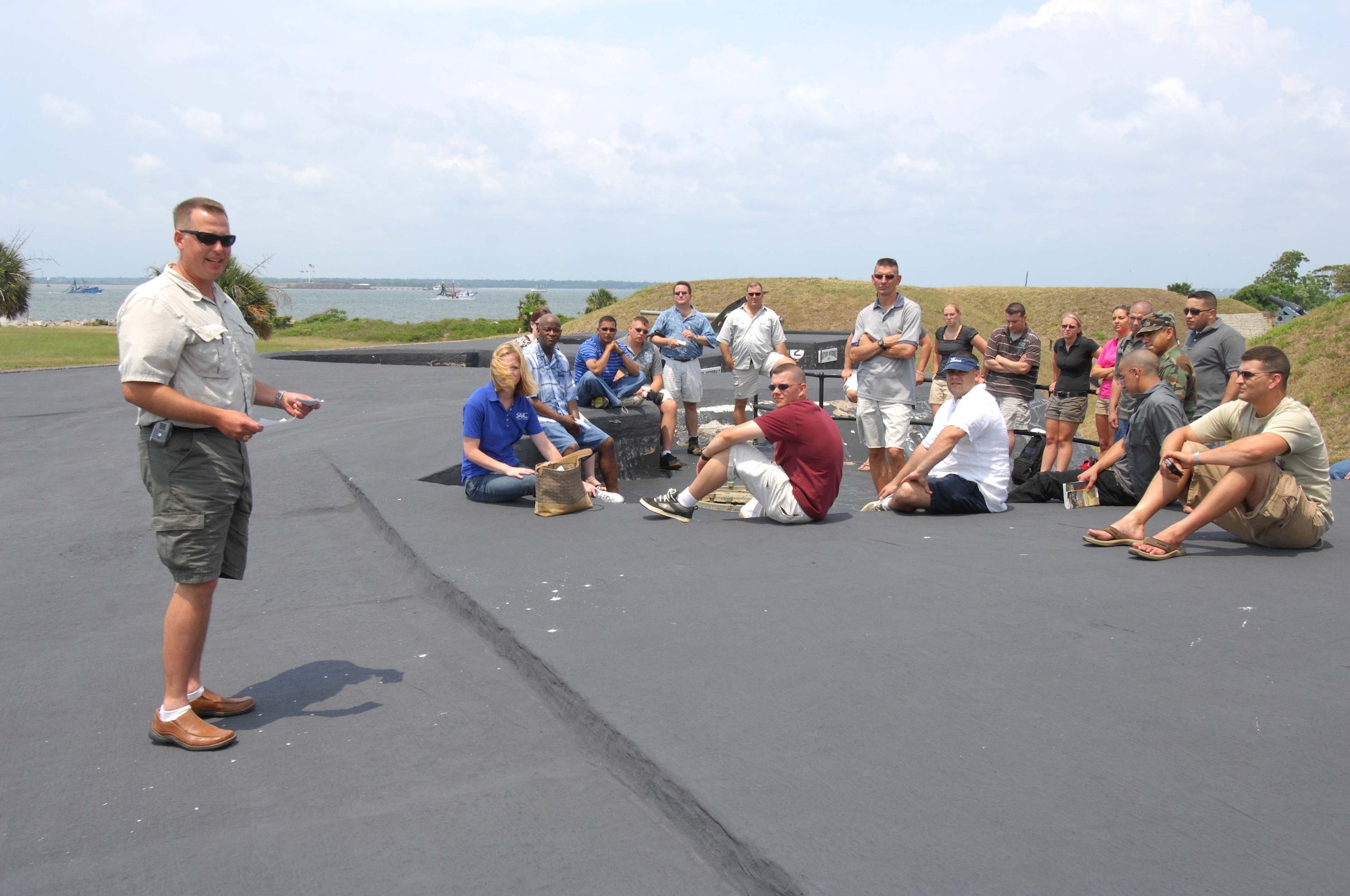 SULLIVAN'S ISLAND, S.C. - Army Major Dennis Malone, 4th Battlefield Coordination Detachment, briefs Airmen and Soldiers about operations at Fort Moultrie, a historic military instillation dating back to the Revolutionary War, during a Staff Ride June 20. The goal of the staff ride is to provide a level of knowledge about the battle and to apply the lessons learned from that battle to today's operating environment in the global war on terrorism. (U.S. Air Force photo/Senior Airman William Coleman)