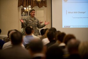 LANGLEY AIR FORCE BASE, Va. -- Col. Mark Hobson, Air Force Material Command installation acquisition center provisional director, Wright-Paterson Air Force Base, Ohio, speaks to local business and industry personnel at Newport News, Va., July 10, regarding an installation acquisition transformation.  Colonel Hobson spoke to the audience about the Air Force's new regional-based procurement methods and how Hampton Roads will become home to one of five regional contracting centers.  The center is scheduled to stand up in 2011, and will bring about 400 new contracting personnel to the area.  (U.S. Air Force photo/Staff Sgt. Barry Loo)