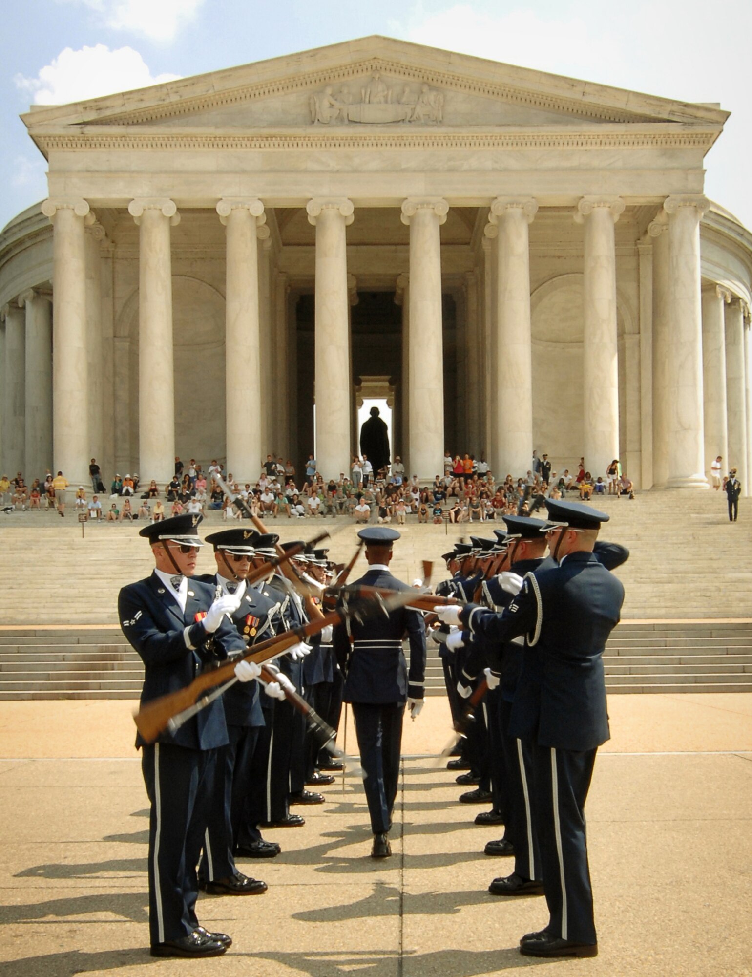 The U.S. Honor Guard Drill Team performs at the Jefferson Memorial in Washington D.C. July 8 during its Summer Drill Series. The team will perform around the National Capitol Region until July 29.  (U.S Air Force photo/Senior Airman Alexandre Montes)
