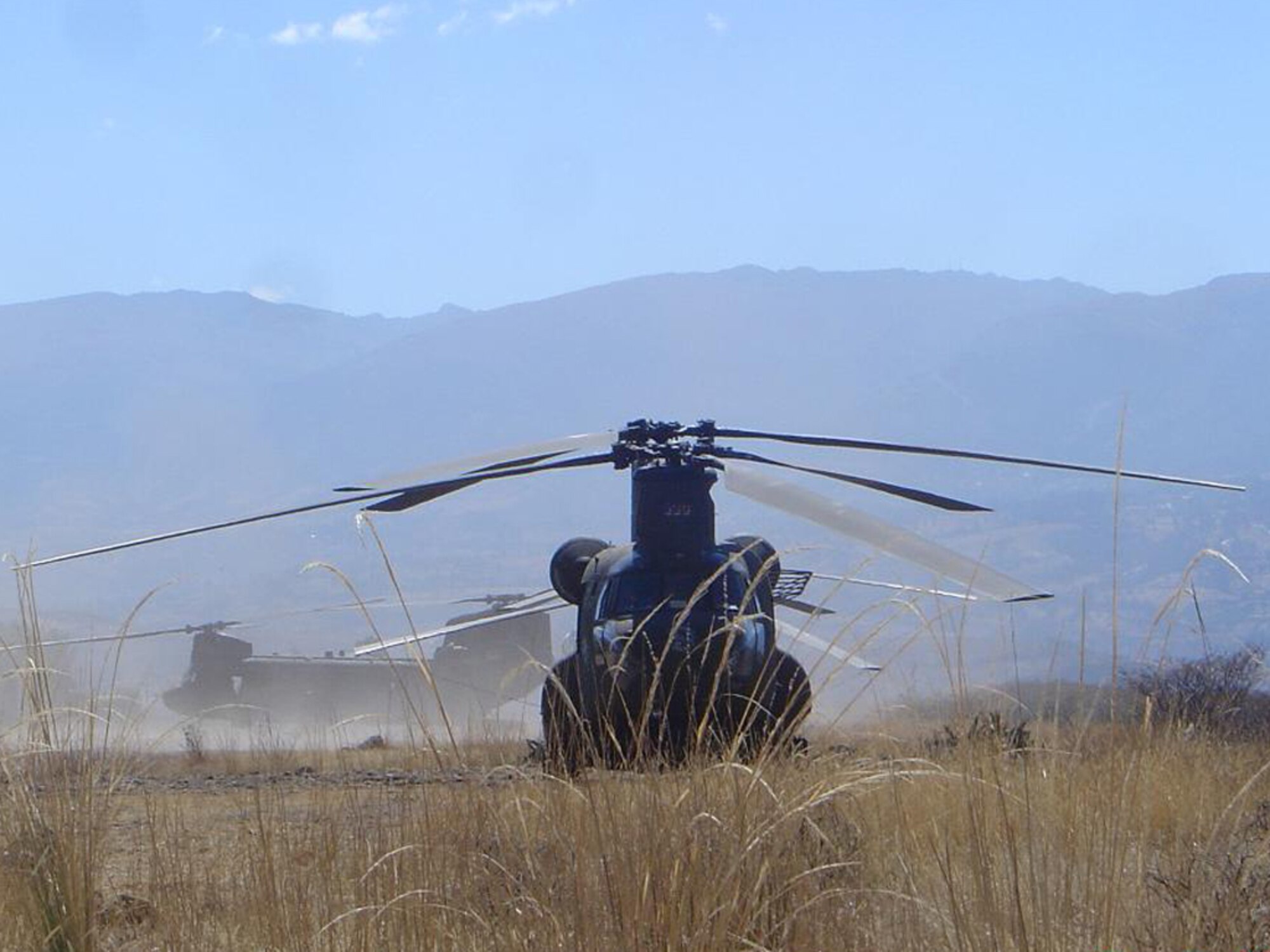A CH-47 Chinook, currently assigned to New Horizons Peru-2008, sits in the air field of Los Cabitos, Peru, June 7. (U.S. Army photo/Capt. Derrick Llewellyn)