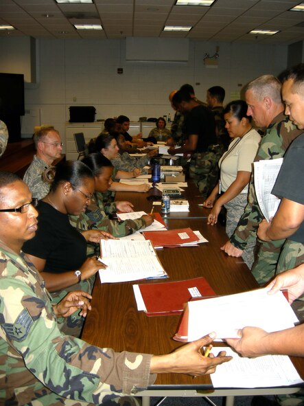 ANDREWS AIR FORCE BASE, Md. -- Reservists process through the mobility line here June 7. Members of the wing rotated through Incirlik Air Base, Turkey, on a cyclical basis in support of theater operations. Units filled more than 100 job positions in three different deployment phases in June and July. All phases will be complete by August. (U.S. Air Force photo/Tech. Sgt. Eric Sharman)