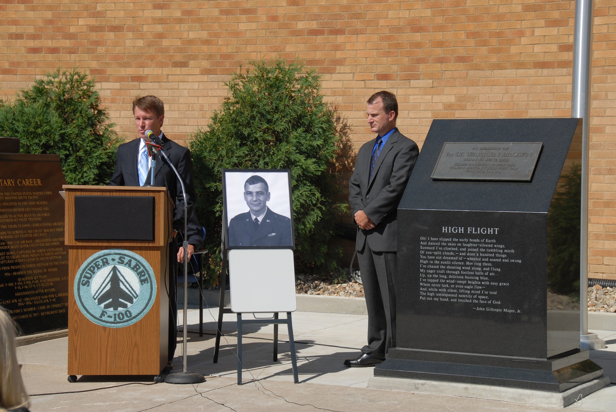 The dedication ceremony for First Lieutenant (1st Lt.) Warren Brown at the Sioux City Airport, in Sioux City, Iowa, on 14 July, 2008.  1st Lt. Brown was shot down and killed in Vietnam on 14 July, 1968.  His sons were present to mark the occasion.  (US Air Force photo by SSgt. Brian Cox) (Released by Public Affairs Manager, Master Sergeant Vincent DeGroot)