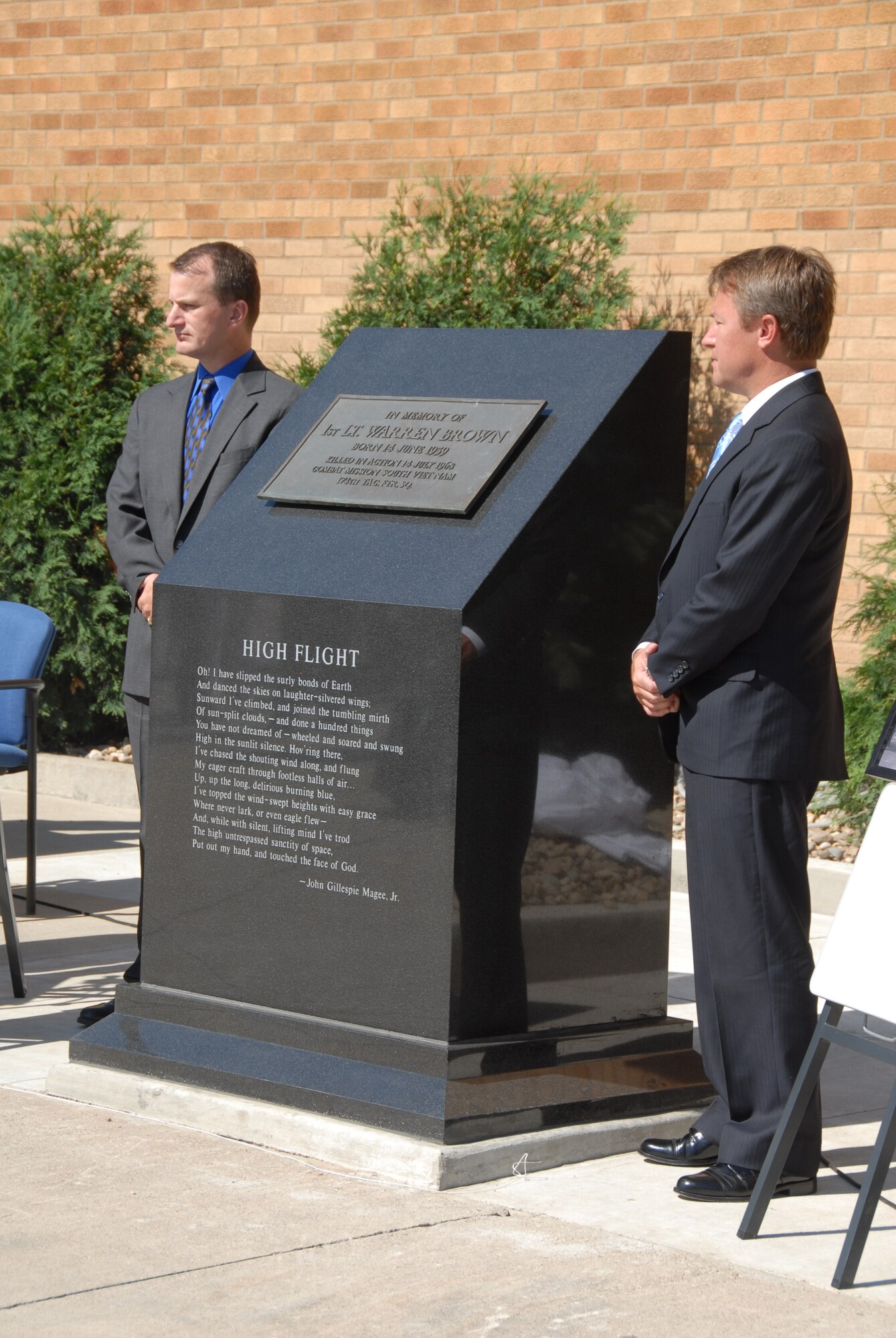 The dedication ceremony for First Lieutenant (1st Lt.) Warren Brown at the Sioux City Airport, in Sioux City, Iowa, on 14 July, 2008.  1st Lt. Brown was shot down and killed in Vietnam on 14 July, 1968.  His sons were present to mark the occasion.  (US Air Force photo by SSgt. Brian Cox) (Released by Public Affairs Manager, Master Sergeant Vincent DeGroot)