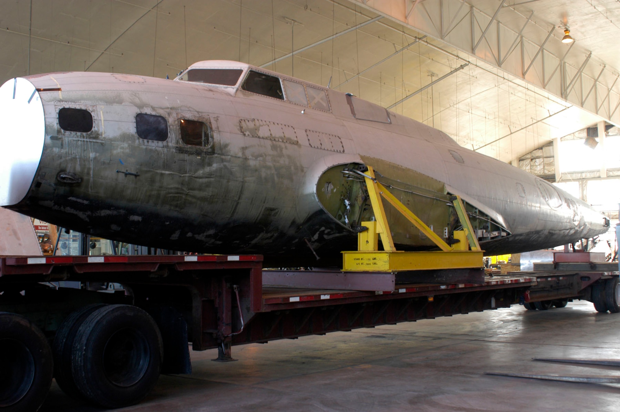 DAYTON, Ohio -- The fuselage of the B-17D "The Swoose" sits on a trailer shortly after its arrival to the restoration facility at the National Museum of the U.S. Air Force. (U.S. Air Force photo)