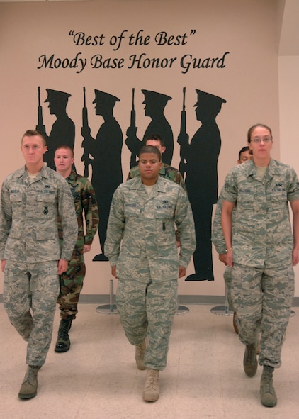 MOODY AIR FORCE BASE, Ga. – Airmen of the Moody Air Force Base Honor Guard practice formation movements here July 10. Through repetition and adherance to standards, Airmen strive for perfection during formal ceremonies. (U.S. Air Force photo by Airman Joshua Green) 