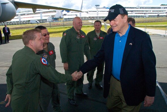 Senior Master Sergeant Eric Gassiott and aircrew welcome U.S. Senator Richard Shelby of Alabama to the J-model.  Joining Senator Shelby was James Inhofe of Oklahoma and several other congressional delegates that toured the Air Force Reserve C-130J of the 403rd Wing's "Flying Jennies."   "It is an honor to meet the Senators and share the hard work of the Air Force Reserve, the 403rd Wing and the unique capabilities of the C-130J", said Lt. Col. Brian Freeman, aircraft commander.  The Flying Jennies will spend the week at the largest air show in the world at Farnborough, England highlighting the Air Force Reserve mission.
