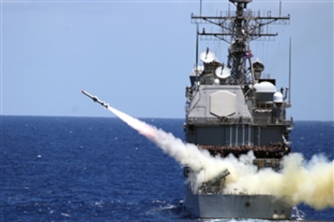 The guided-missile cruiser USS Lake Erie, fires a Harpoon anti-ship missile during the Rim of the Pacific, maritime exercise, Pacific Ocean, July 11, 2008. RIMPAC is the world's largest multinational exercise and is scheduled biennially by the U.S. Pacific Fleet. Participants include the United States, Australia, Canada, Chile, Japan, the Netherlands, Peru, Republic of Korea, Singapore and the United Kingdom. 
