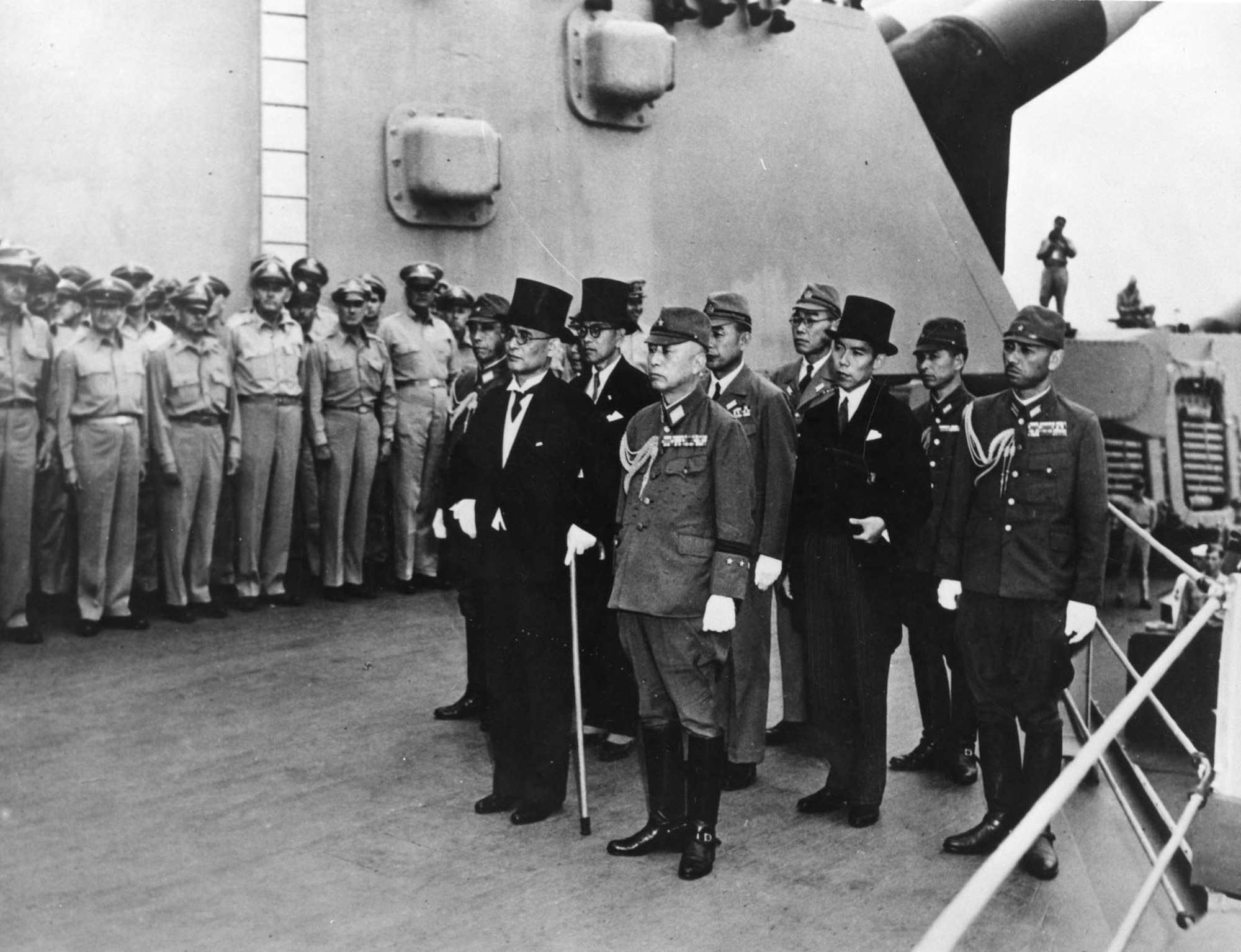 Japanese representatives on board the USS Missouri in Tokyo Bay to participate in formal surrender ceremonies on Sept. 2, 1945. (U.S. Air Force photo)