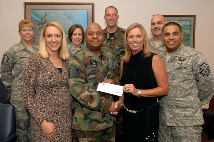 Angela Rock (left), president of Olympia Management Services, and Shelley Caiazzo, Director of Marketing for Southern Highlands Development Corporation, present a check for $15,000 from the Southern Highlands Community Association to Master Sgt. Erik Dupree, First Sergeant, 57th Aircraft Maintenance Squadron, and other members of the Operation Warmheart Council, run by the Nellis First Sergeants, on Nellis Air Force Base, Nev., July 15, 2008.  The association raised the money for the donation during their annual Memorial Day event this past May.  (U.S. Air Force photo / Senior Airman Kasabyan D. Musal)