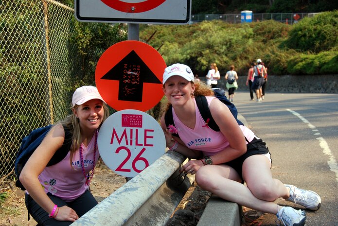 Senior Airman Christine Collier, left, and Staff Sgt. Sarah Gregory, right, rest next to the 26-mile marker during the Avon Walk for Breast Cancer in San Francisco July 13. The two-day event had 3,200 walkers, who raised more than $7.5 million for breast cancer education and awareness; screening and diagnosis; access to treatment; support services; and scientific research into the possible cause, prevention, treatment and cure. Courtesy photo.