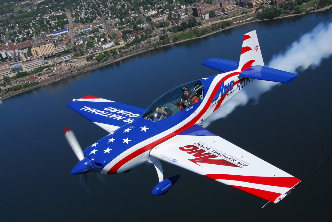 U.S. Air Force Major John Klatt, 148th Fighter Wing Pilot, flies a local reporter in the ANG aerobatic demonstration plane over Duluth, Minn. on 14 July, 2008.  John Klatt and the Guarding America, Defending Freedom Aerobatic team will be performing at the Duluth Air Show to promote the Air National Guard 19-20 July, 2008 . (U.S. Air Force photo by Tech. Sgt. Jason W. Rolfe)  (Released) 