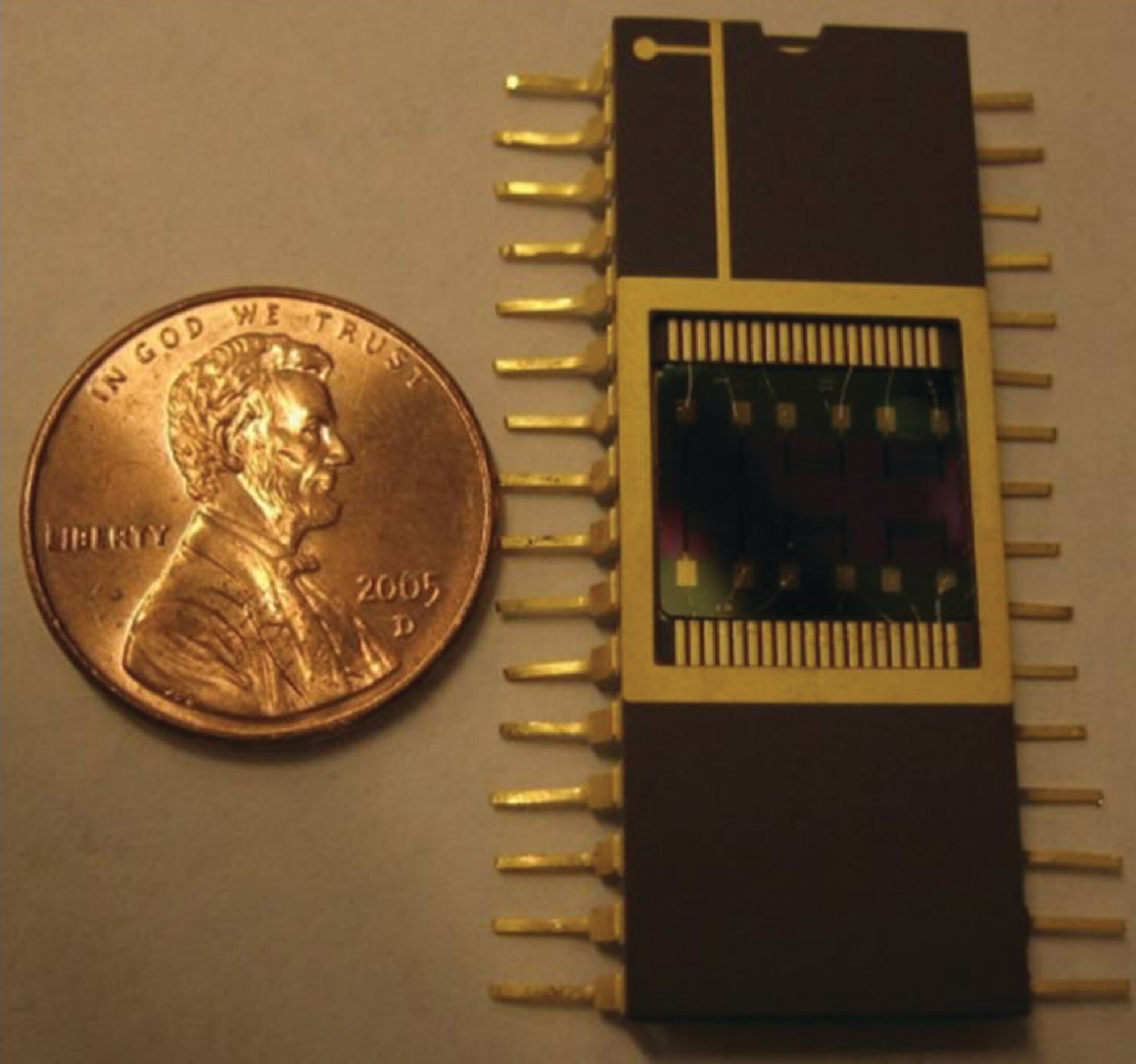 An Air Force Research Laboratory-sponsored research team from the University of California at San Diego has created an inexpensive, penny-sized sensor that detects bombs made with improvised peroxide explosive devices. (U.S. Air Force photo)