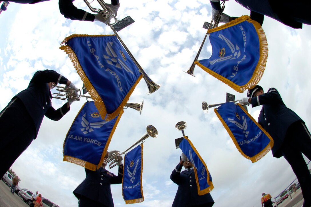 The Band of the West "Herald Brass" ensemble preparing to play for a ceremony on Lackland AFB, TX.