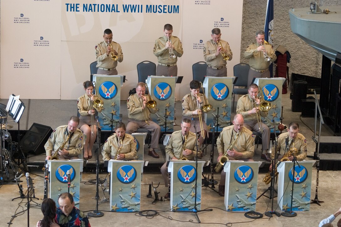 The Dimensions in Blue Jazz Band performing in the "pinks and greens" uniform.