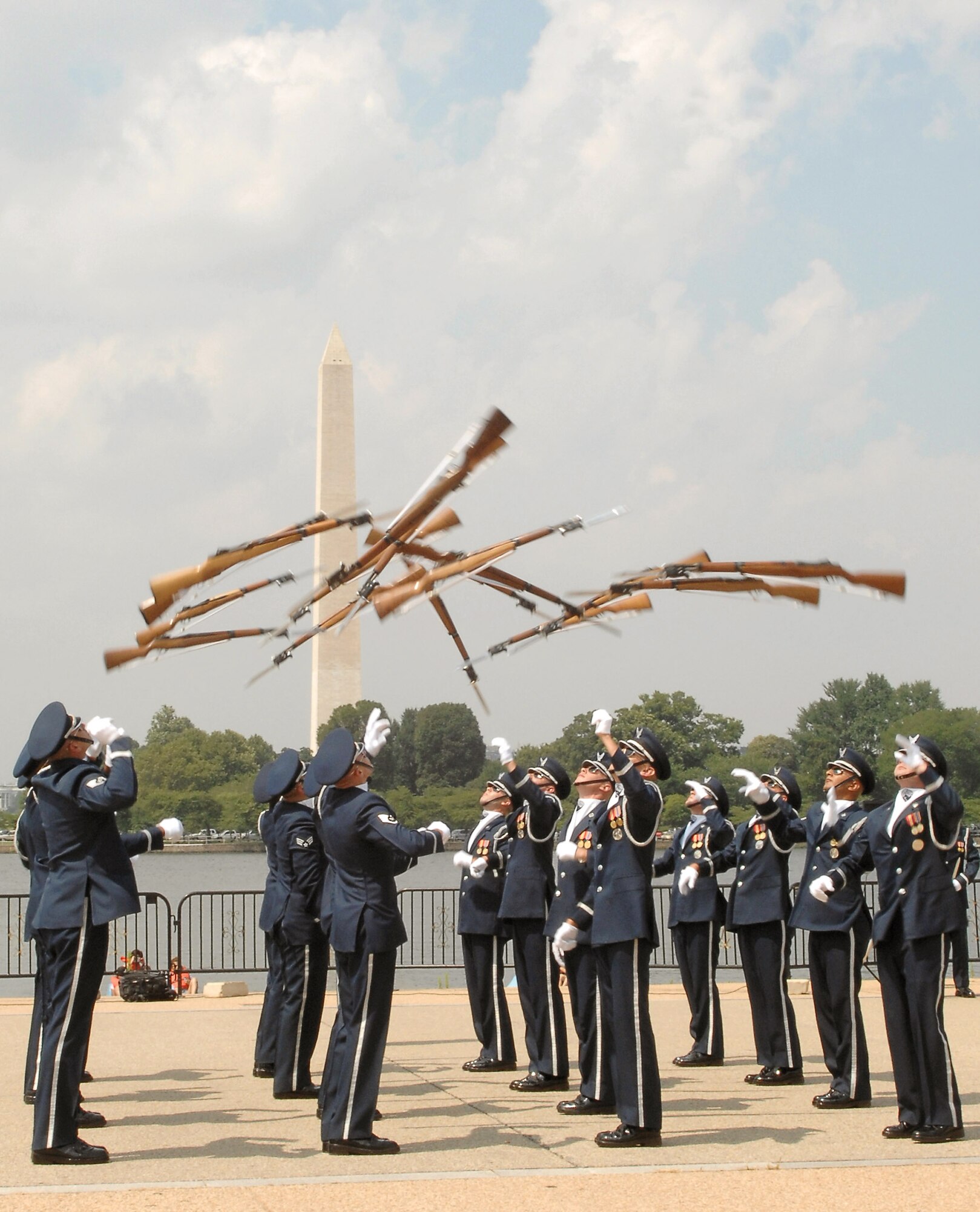 The United States Honor Guard Drill Team performs at the Jefferson Memorial in Washington D.C July 8 during their Summer Drill Series. These drills will be performed around the National Capitol Region until the 29th of July.  (U.S Air Force photo/Senior Airman Alexandre Montes)