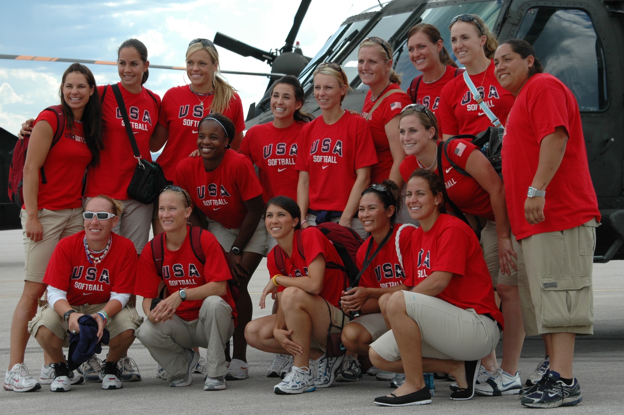 The U.S.A. Olympic Softball team poses for a photo infront of a UH-60 Black Hawk on Elsworth's flightline July 14, 2008. The team visited the base as a portion of their Bound for Beijing tour.
(U.S. Air Force photo/Senior Airman Kimberly Moore Limrick)