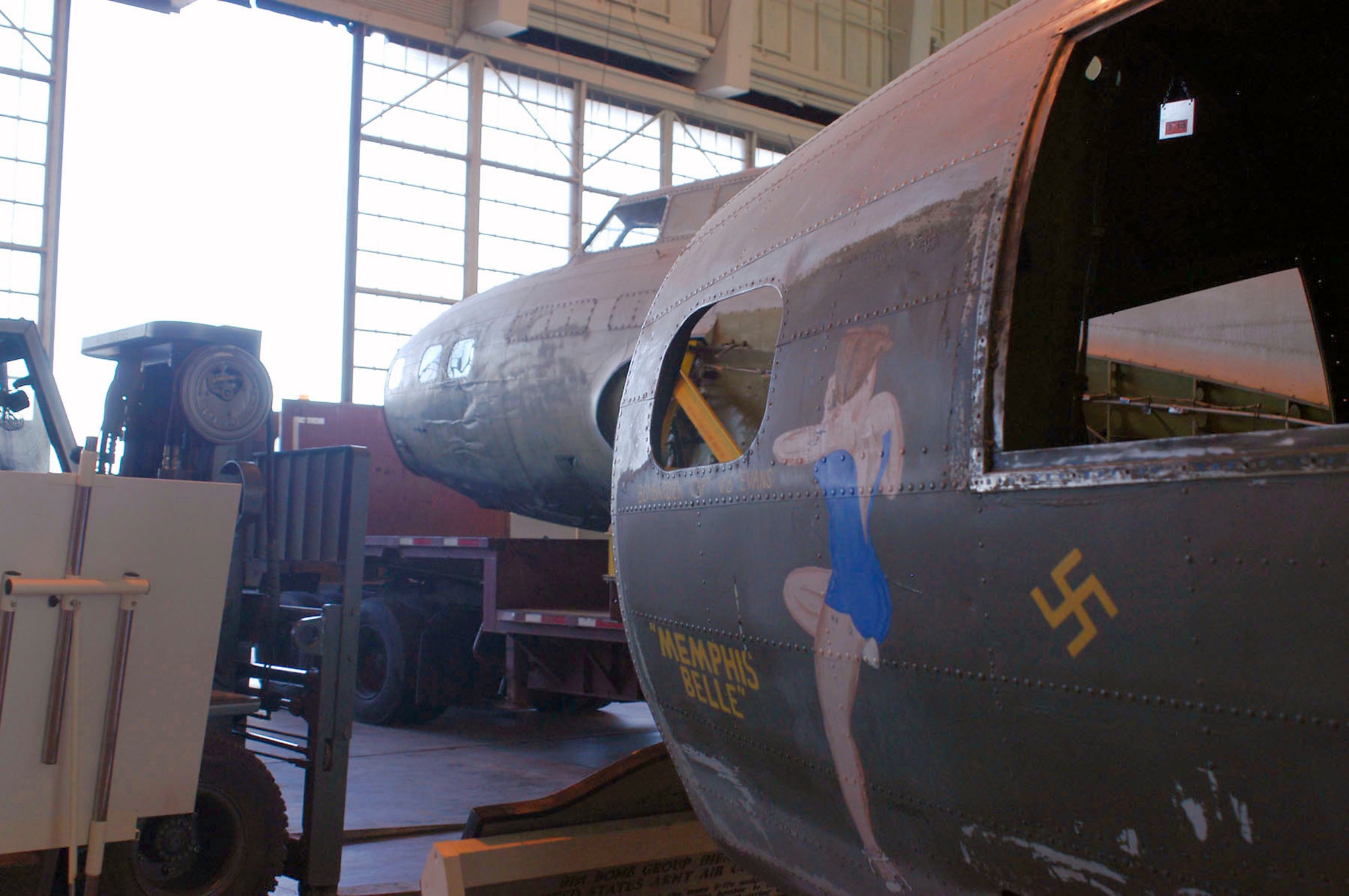 The B-17D The Swoose rests next to the B-17F Memphis Belle in the restoration area of the National Museum of the U.S. Air Force near Dayton, Ohio. (U.S. Air Force photo)                               