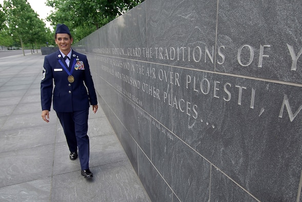 Senior Master Sgt. Donna Goodno walks along the Air Force Memorial in Arlington, Va., June 18 during the Air National Guard's Outstanding Airmen of the Year Week. Goodno was recently announced as one of 12 Air Force Outstanding Airmen for 2008. (Photo by Air Force Master Sgt. Shaun Withers, Air National Guard Readiness Center) (Released)