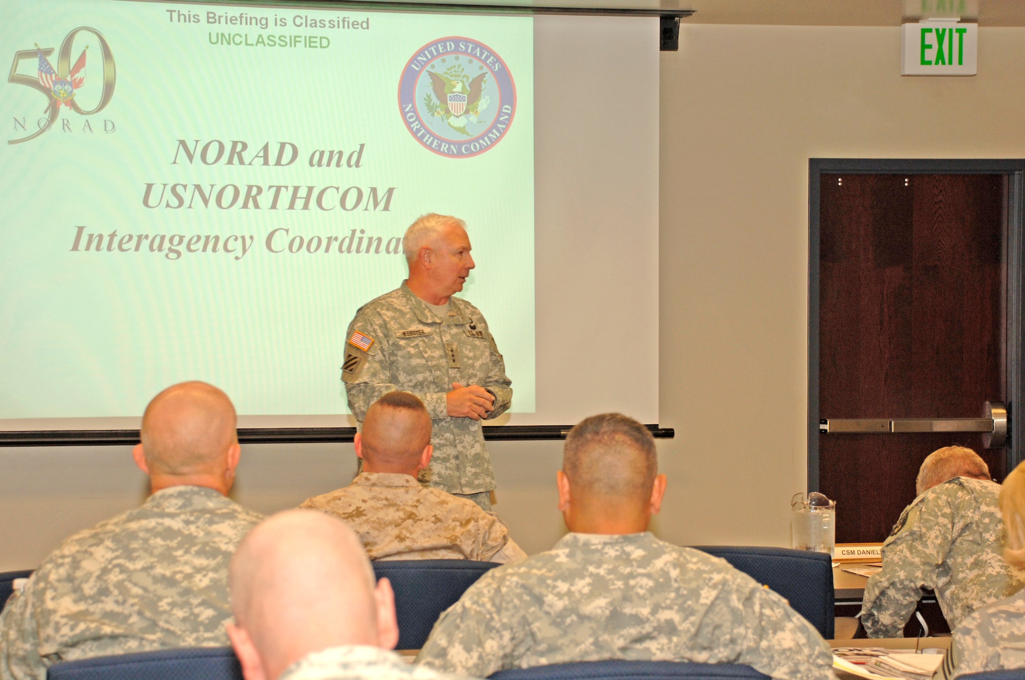 Lt. Gen. William Webster, U.S. Northern Command deputy commander, addresses the Keystone Fellows July 14 at Peterson Air Force Base, Colo. While at the North American Aerospace Defense Command and USNORTHCOM, the Fellows received briefings on the missions of the commands, toured command facilities and met with several of the commands leaders. Keystone is the senior enlisted leadership course designed to increase senior enlisted personnel’s awareness of warfighting in the joint environment by bringing them to several of the joint and combatant commands in the U.S. (U.S. Navy photo/MC1 Joaquin Juatai)