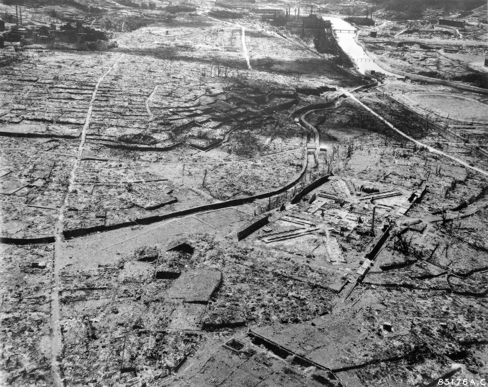 Atomic bomb damage at Nagasaki. (U.S. Air Force photo)