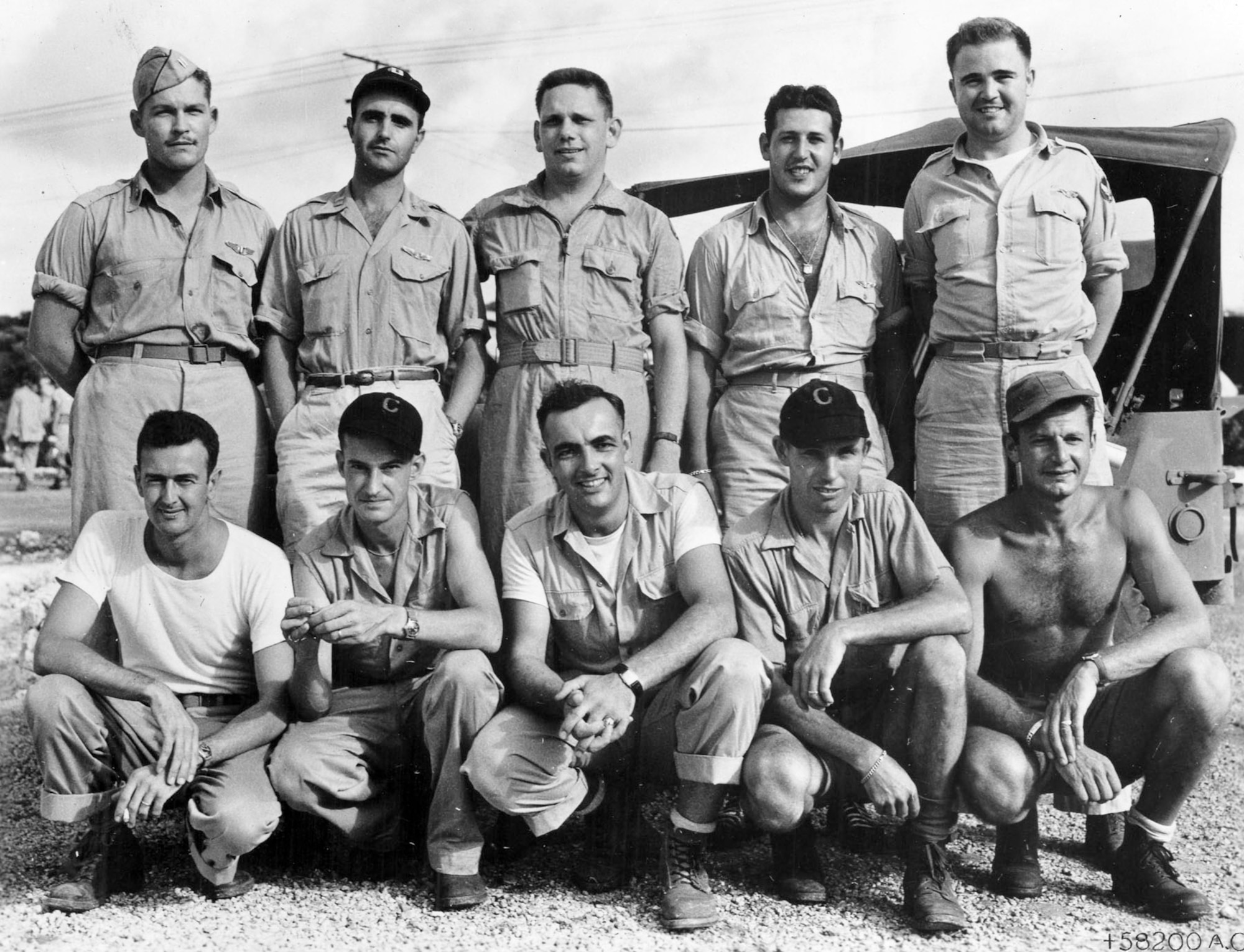 Back row (left to right): Capt. Kermit R. Beahan, Bombardier; Capt. James F. Van Pelt, Navigator; Capt. Charles D. Albury, Pilot; 2nd Lt. Fred J. Olivi, Co-pilot; Maj. Charles W. Sweeney, Aircraft Commander. Front row (left to right): SSgt. Edward K. Buckley, Radar Operator; MSgt. John D. Kuharek, Flight Engineer; Sgt. Raymond G. Gallagher, Assistant Flight Engineer; SSgt. Albert T. Dehart, Tail Gunner; Sgt. Abe M. Spitzer, Radio Operator. (U.S. Air Force photo)