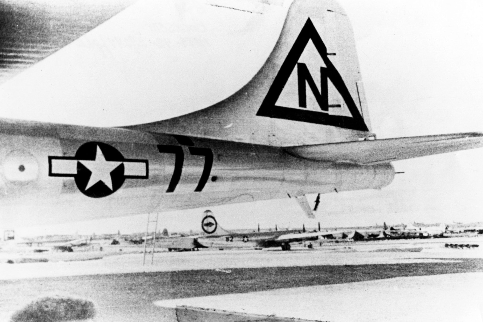 "Bockcar" tail section, showing temporary markings replacing those of the 509th on Tinian to confuse the enemy. (U.S. Air Force photo)