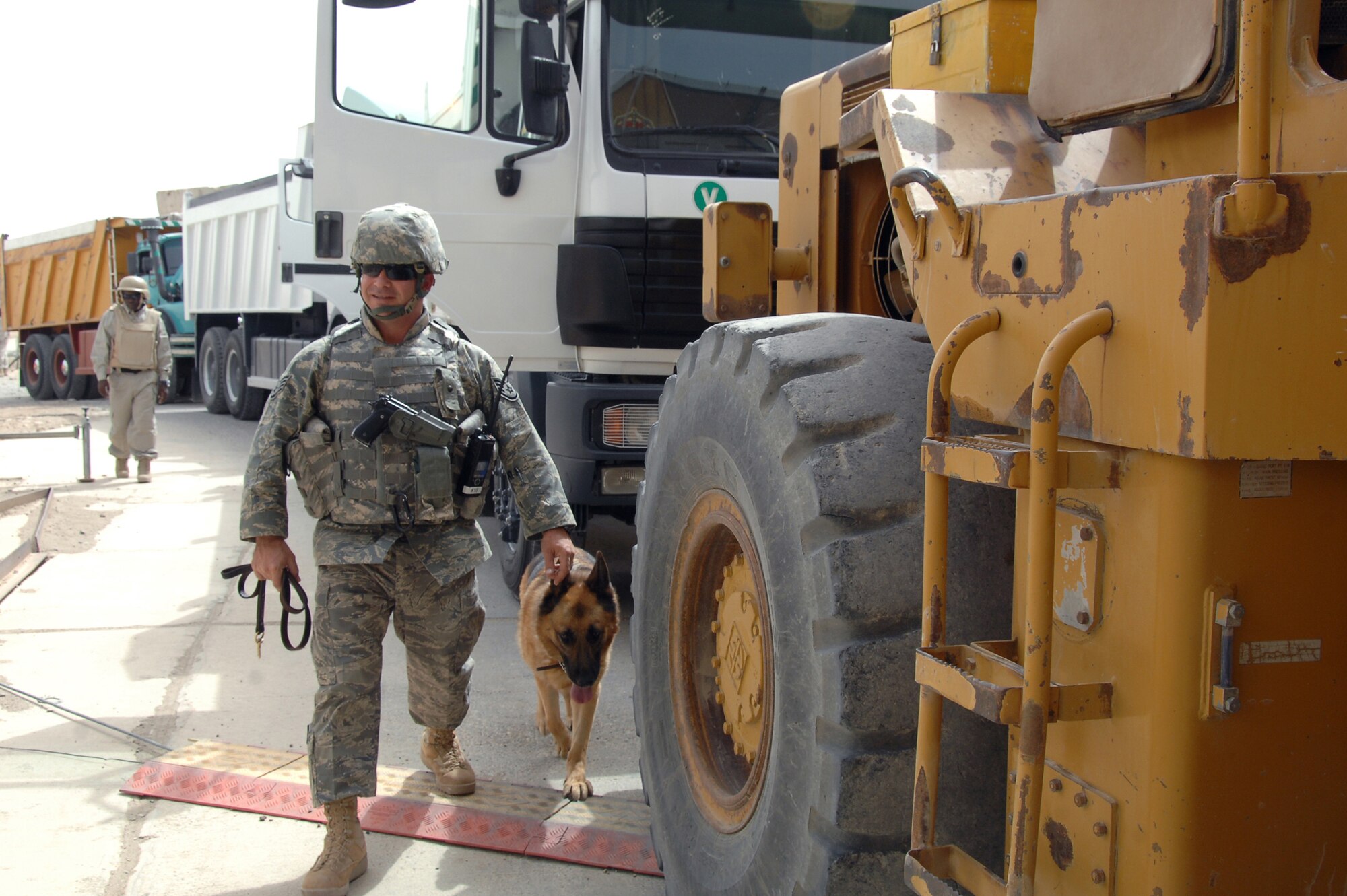 ALI BASE, Iraq -- Staff Sgt. Sean Neisen, military working dog handler, searches vehicles with his dog Goro E114 at the Vehicle Control Center here. Dog handlers are responsible for ensuring the safety and security of all coalition forces assigned here by searching vehicles that drive onto Contingency Operations Base Adder and Ali Base daily. Sergeant Neisen is assigned to the 407th Provost Marshals Office from Ramstein Air Base, Germany. (U.S. Air Force photo/Tech. Sgt. Sabrina Johnson)