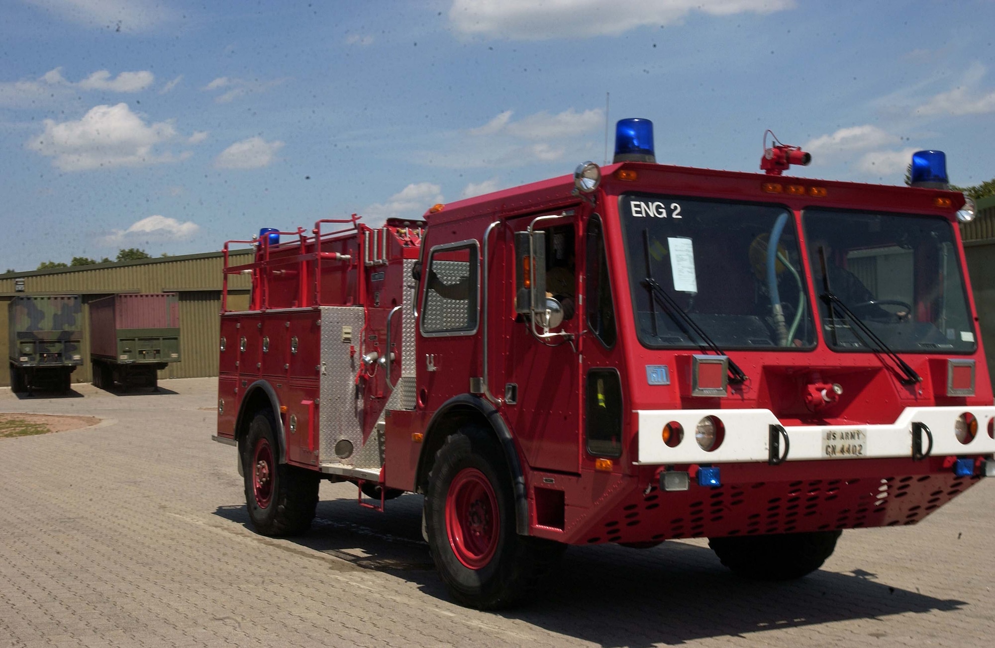 Airmen from the 835th Civil Engineer Squadron take turns driving an AMERTEK Fire Truck July 10 on Rhine Ordnance Barracks. Photo by Christine June, USAG Kaiserslautern.                                                                                                                                                                                                                                               