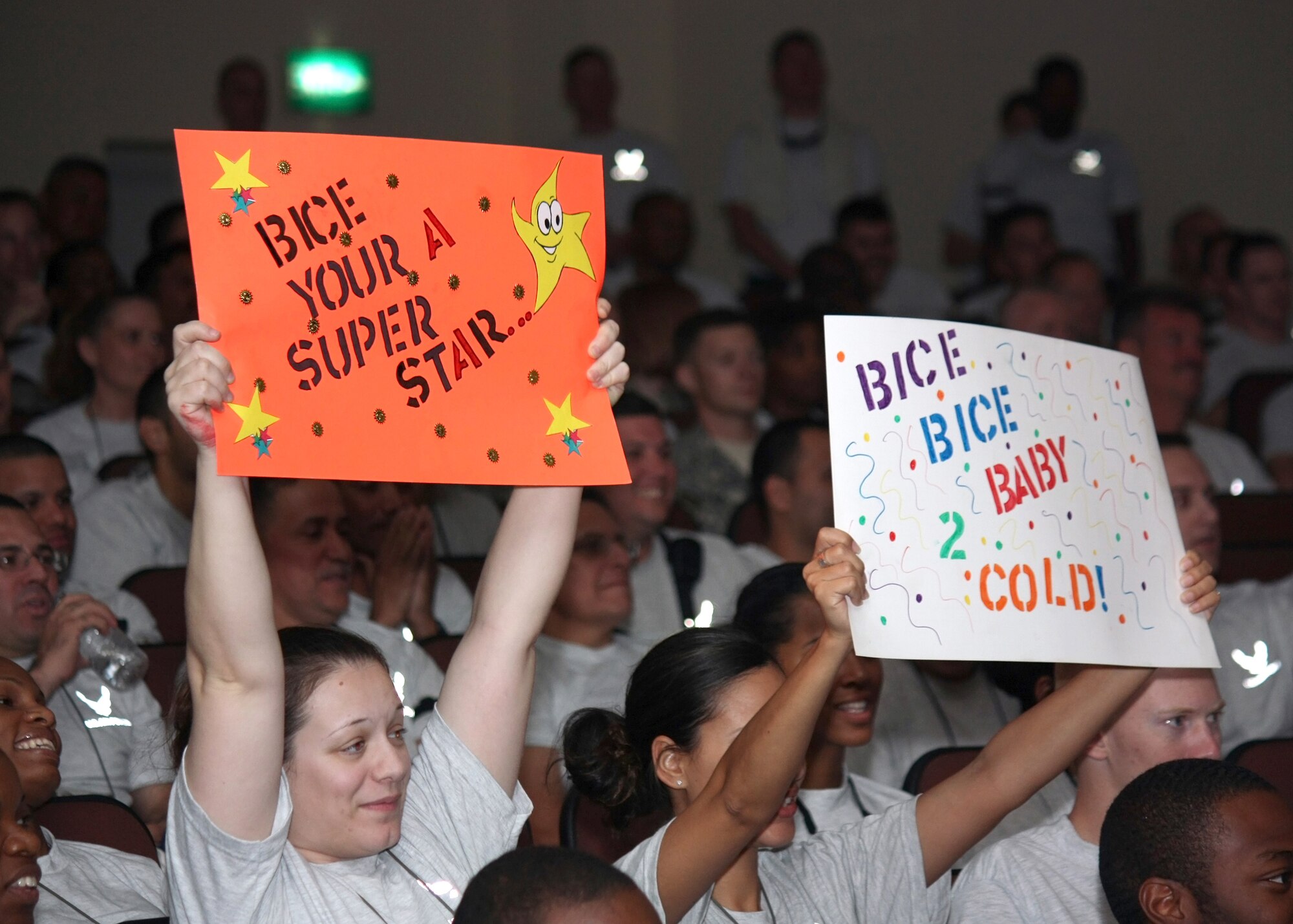 SOUTHWEST ASIA -- Audience members hold up signs supporting their favorite vocalist during the Desert Idol competition on July 13 at a base in Southwest Asia. The 386th Expeditionary Force Support Squadron sponsored the event, which had three rounds of judging. The first, second and third place winners received cash prizes. (U.S. Air Force photo/Master. Sgt. Mike Miller)