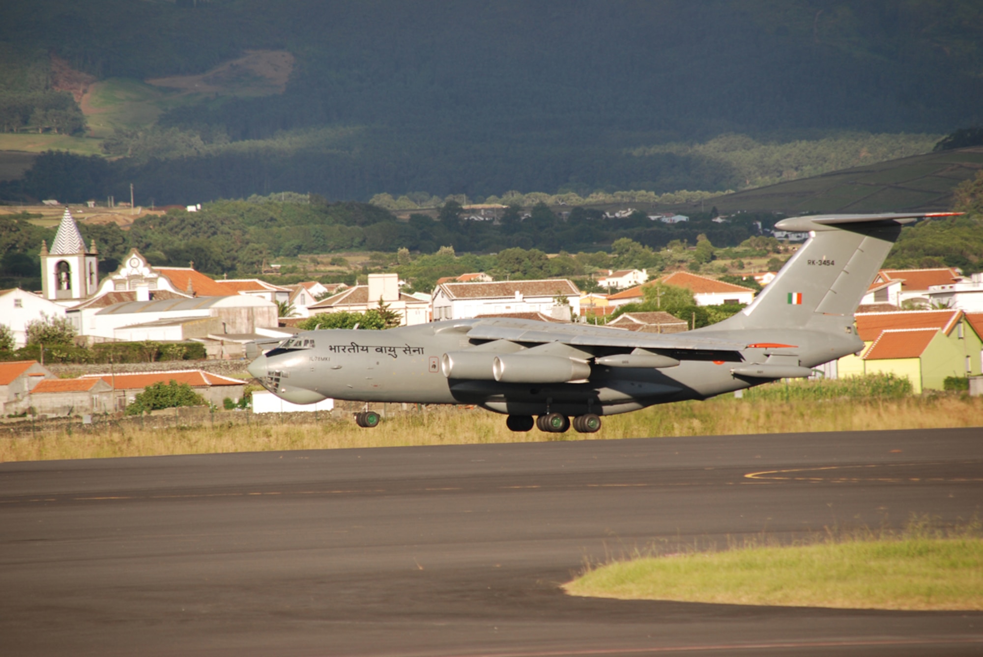 An Indian air force IL-78 air-to-air refueller lands at Lajes Field July 13. The IAF stopped at Lajes Field on their way to Red Flag at Nellis Air Force Base, Nev. This is the first time the IAF has deployed to the United States. Two IL-78s and one IL-76 transport aircraft escorted eight SU-30 MKI aircraft to Lajes Field. (Photo by Master Sgt. Charles Beha)