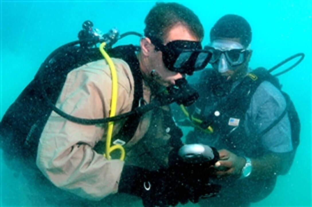 U.S. Navy Petty Officer 2nd Class Aaron Heldreth checks his bottle pressure alongside his diving buddy, Constable Gaveline Brouet, a Region Security Service diver from St. Lucia, during Navy Diver-Global Fleet Station 2008 in St John’s, Antigua, July 10, 2008. The exercise, hosted by U.S. Southern Command, is designed to maintain strong multilateral partnerships and support the U.S. maritime strategic goals of enhancing regional stability and security. 
