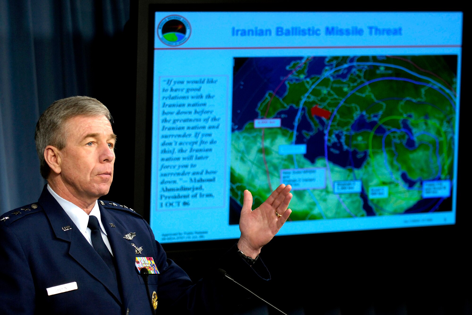 Lt. Gen. Henry Obering holds a press conference on the status of the the U.S. Missile Defense Program at the Pentagon July 15. General Obering is the U.S. Missile Defense Agency director. (U.S. Air Force photo/Tech. Sgt. Jerry Morrison)